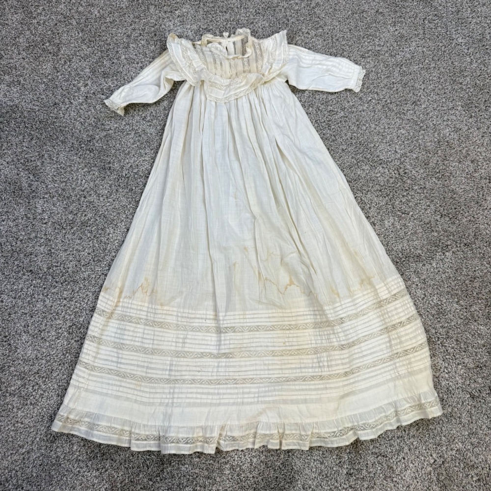 Antique Victorian Lace Christening Gown White Cotton Pintuck Heirloom Dress